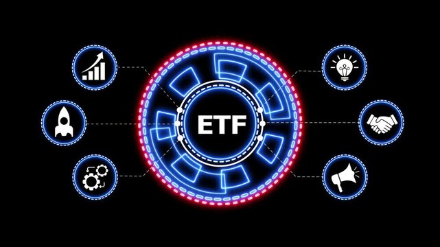 Abstract digital hud circles with etf text and icons. Dynamic abstract circular hud graphic with etf text. Fintech and business concept.