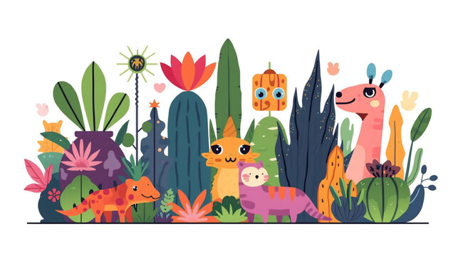 Whimsical Critters in a Garden: A vibrant illustration showcasing an array of fanciful creatures nestled amidst a lush, stylized garden, filled with whimsical flora and a playful atmosphere.