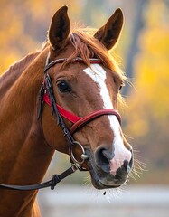 Fototapeta premium A brown horse with a white stripe on its forehead