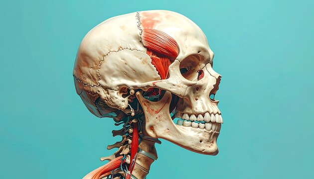 A human skull with exposed muscles on a teal background