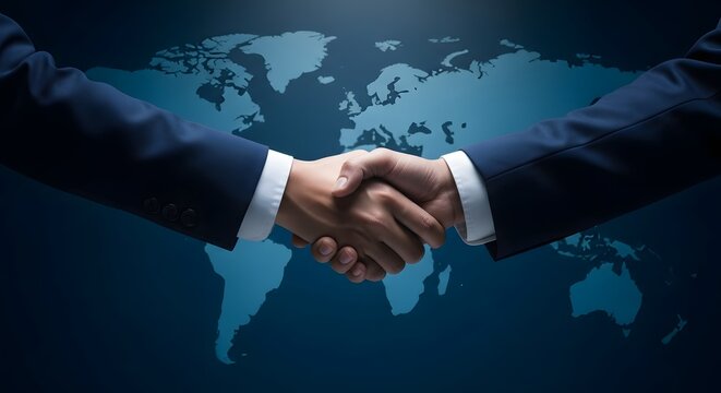 Businessmen shaking hands on global finance and investment deal background