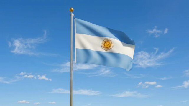 The Argentina flag flies against a bright blue sky.