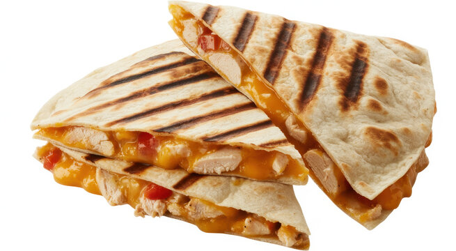 Two pieces of hot grilled chicken quesadilla with melted yellow cheese on a white background