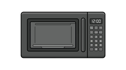 Fototapeta premium A realistic flat 2D vector illustration of a modern dark gray kitchen microwave oven with a digital clock and control panel, isolated on a white background