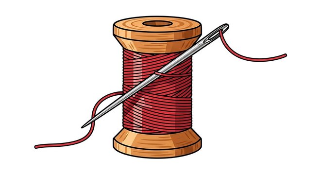 Wooden spool of thread with needle and red string on white background