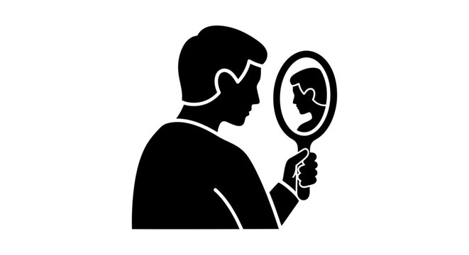 A man looking at his reflection in a hand mirror