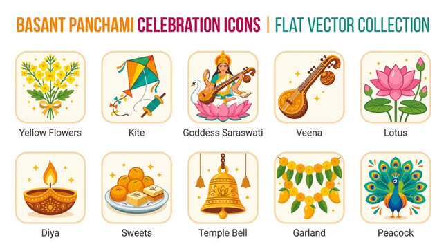 Basant Panchami Symbols with Saraswati Kite Veena Lotus Diya and Peacock