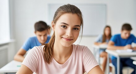 Fototapeta premium Smiling teenage girl student sitting at desk in classroom during lesson