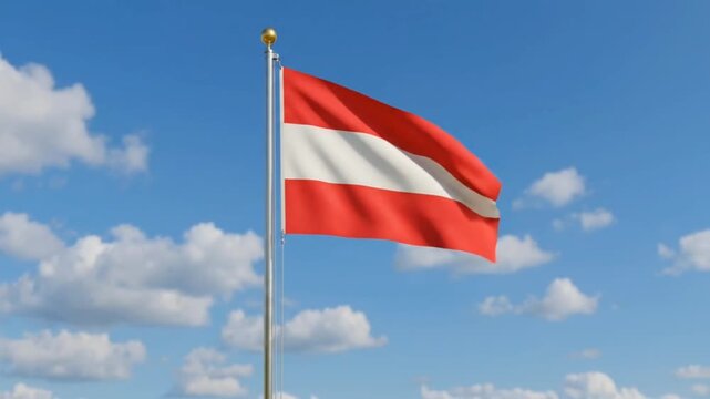 The Austria flag flies against a bright blue sky.