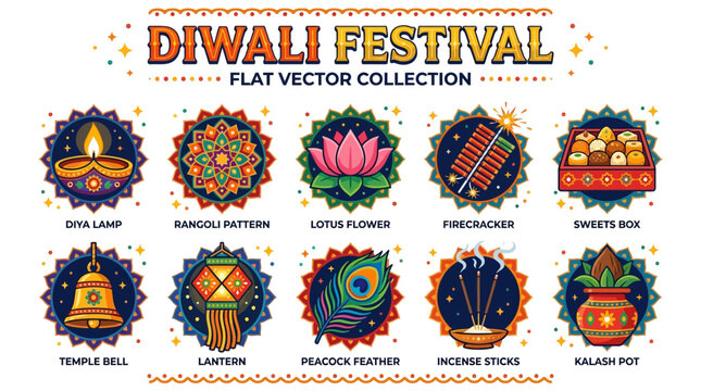 Diwali Festival Symbols with Diya Rangoli Lotus Firecracker Sweets and Lantern