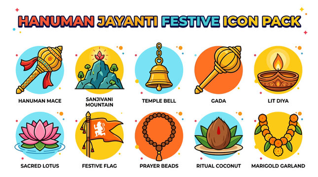 Hanuman Jayanti Festival Symbols with Mace Mountain Bell Diya Lotus Flag Beads Coconut and Garland