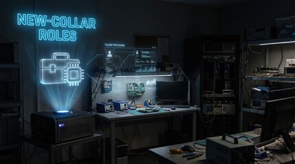 Fototapeta premium Futuristic workstation with holographic display showcasing new-collar job roles and technology for modern careers
