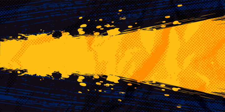 Abstract yellow-blue frame on a dark background. Sporty design in grunge style. Illustration for sports, athletics, training, workout, etc.