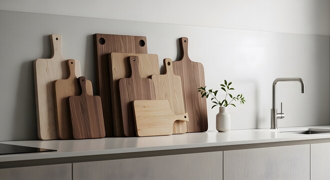 Collection of Wooden Cutting Boards Displayed on a Kitchen Countertop.