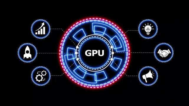 Futuristic gpu graphic interface with icons motion. Dynamic circular interface with gpu text, surrounded by business icons like rocket, graph, lightbulb, handshake, megaphone.