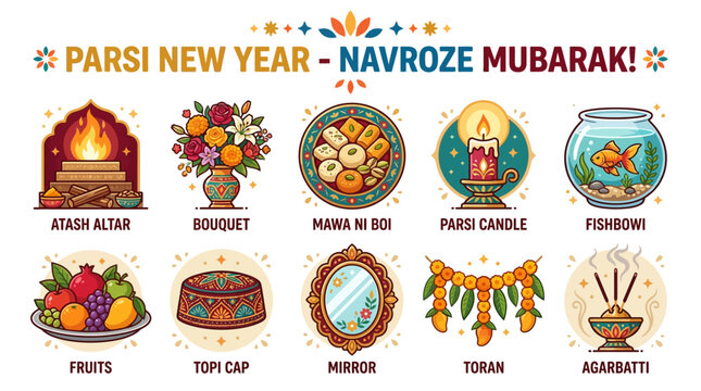 Parsi New Year Navroze Symbols with Fire Altar Sweets Candle Fishbowl and Garland
