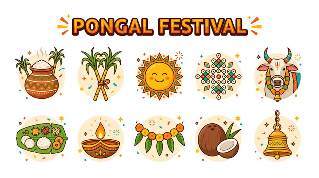 Pongal Festival Symbols with Pot Sugarcane Sun Kolam Cow and Diya