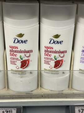 Dove body deodorant and antiperspirant retail display inside Walmart Canada store. April 30 2026. Strathmore, Alberta, Canada. For editorial use only.