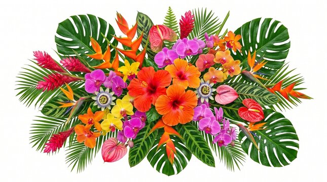 Vibrant Tropical Flower Arrangement with Exotic Blooms and Lush Green Leaves