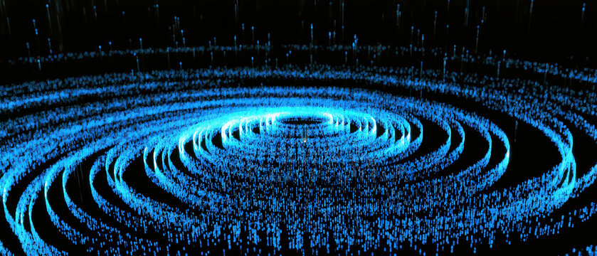 Neon data spiral glowing particle vortex digital blue abstract technology background with luminous point cloud rings and falling light streaks