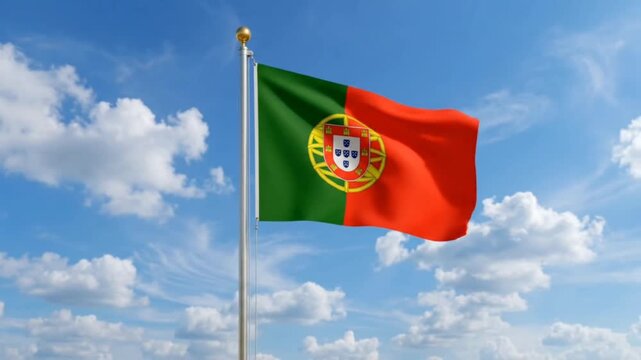 The Portugal flag flies against a bright blue sky.