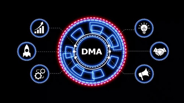 DMA marketing concepts abstract motion graphic clip. Dynamic digital animation with dma acronym surrounded by marketing icons, presenting business and technology concepts.