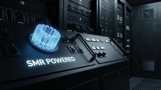 Close-up of a control panel with a glowing blue dial and the text \"SMR POWERED\" indicating advanced technology and power systems in a data center or server room