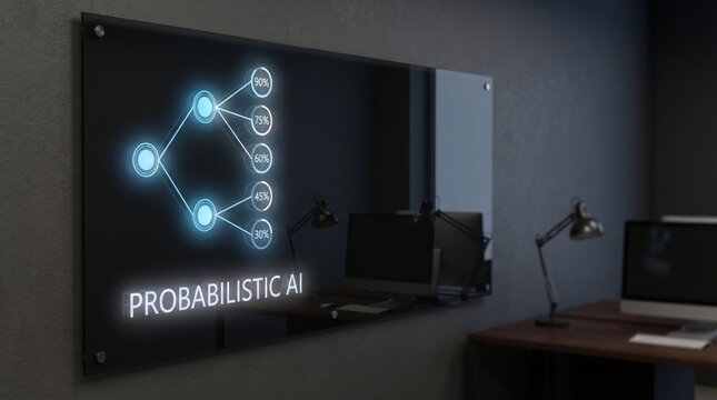 Probabilistic AI system illustrated on a modern glass board in a contemporary office setting, showcasing decision trees