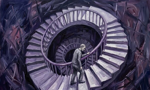 An expressionist oil painting on canvas: an impossible architectural interior &mdash; a single figure, gender-neutral, dressed in grey &mdash; perpetually climbing a spiral staircase that loops back on itself.