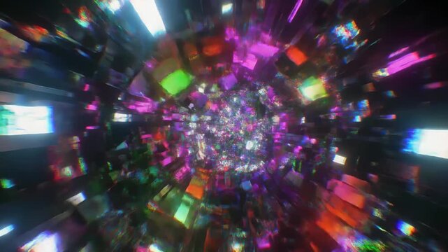 ネオンの断片が崩壊と再構築を繰り返すサイバーグリッチ背景