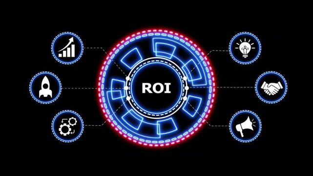 Return on investment business growth digital graph. Animated digital interface displaying return on investment concept with business growth icons, futuristic neon motion graphic.