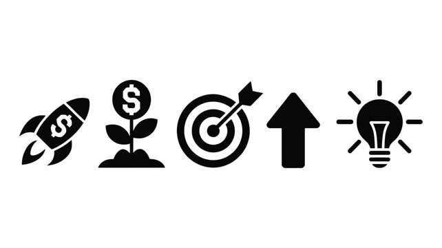 Set of five Business Growth icons including rocket launch money plant bullseye target upward arrow and light bulb representing startup innovation success and achievement concept modern vector.
