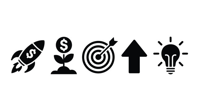 Set of five Business Growth icons including rocket launch money plant bullseye target upward arrow and light bulb representing startup innovation success and achievement concept modern vector.