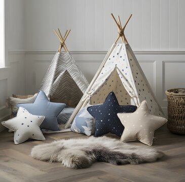 Colorful star shaped pillows in cozy room with teepees