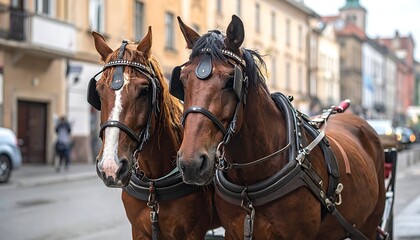 Obraz premium Two brown horses with harnesses on a city street
