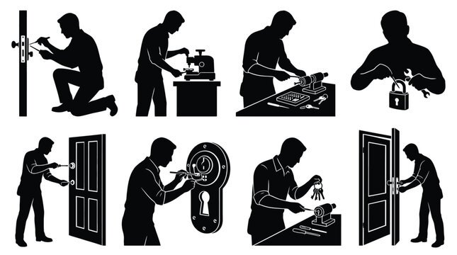 Locksmith silhouette set featuring professional technician repairing door locks, cutting keys, installing security systems, and using tools handyman icons for locksmithing service and repair