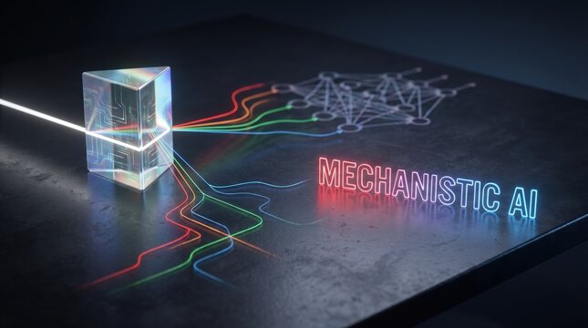 Conceptual illustration of a prism refracting light into a neural network, symbolizing mechanistic AI and its analytical processing capabilities