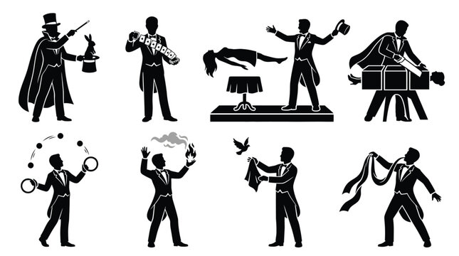 Magician performing various tricks silhouette set