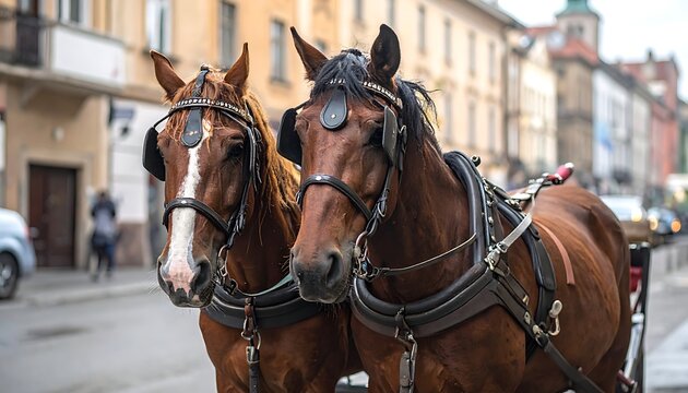 Two brown horses with harnesses on a city street