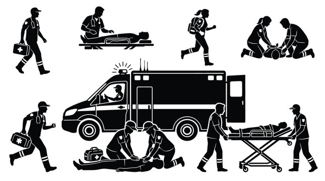 Emergency medical services ems paramedics and ambulance vector silhouettes set