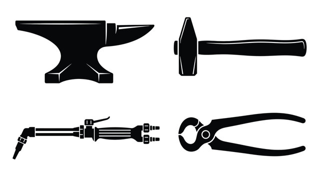 Blacksmithing tools anvil, hammer, welding torch, and tongs