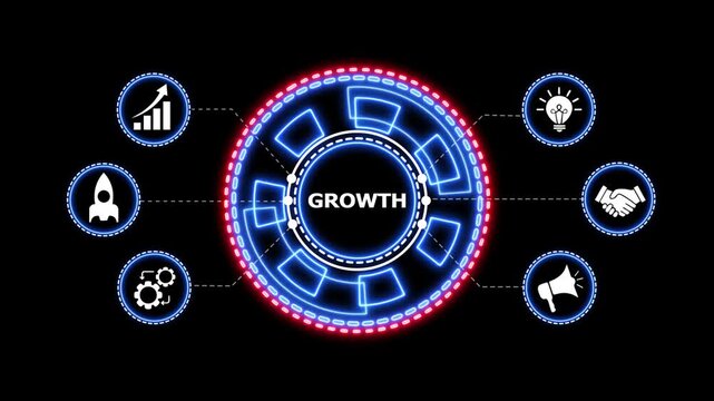 Digital growth concept loading screen motion. Futuristic digital loading circle with growth icons technology business concept bright neon blue and red lights.