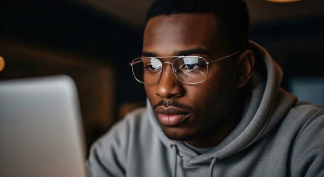 Young Black Man Coding on Laptop in Dimly Lit Home Office at Night