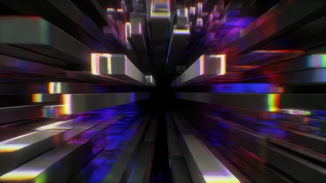 歪むデジタルグリッチと立体レイヤーが重なるサイバー抽象背景