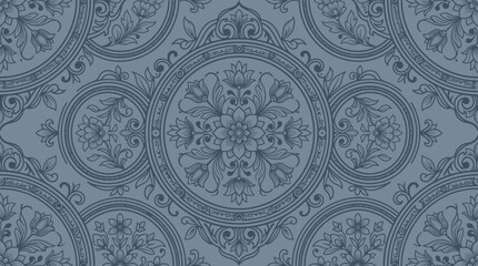 Intricate blue damask textile pattern with ornamental floral motif and symmetrical design. © Santy