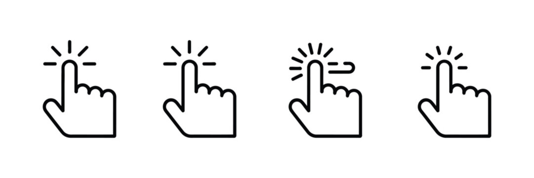 Set of Four Simple line art Hand cursor pointer icons for click tap select and navigation interaction in web and app interface minimalist outline vector illustration design collection.