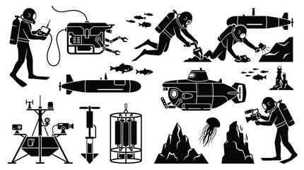 Deep sea exploration and underwater research icon set includes scuba divers, submarines, rovs, marine life, and scientific equipment for oceanography and marine biology © Hikari Vector Studio