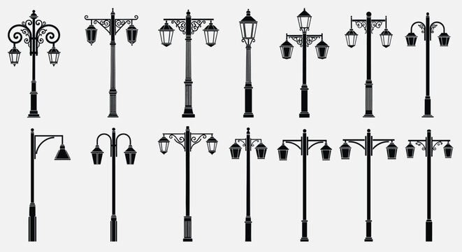 Classic street lampposts in various ornamental styles for city and garden lighting projects