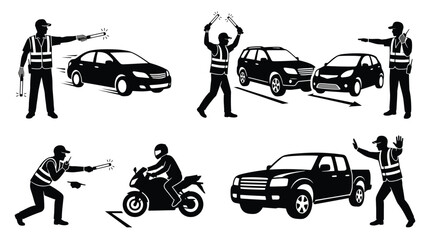 Fototapeta premium Traffic police officer directing cars and motorcycle, set of vector illustrations