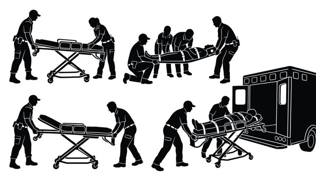 Emergency medical service team silhouette set paramedics transporting a patient on a stretcher to an ambulance professional rescue team working in various situations